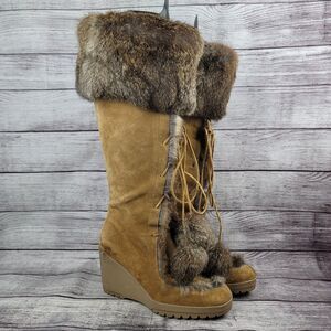 Coach Karita Tall Boots Wedge Made In Italy Genuine Brown Suede and Fur Size 7.5